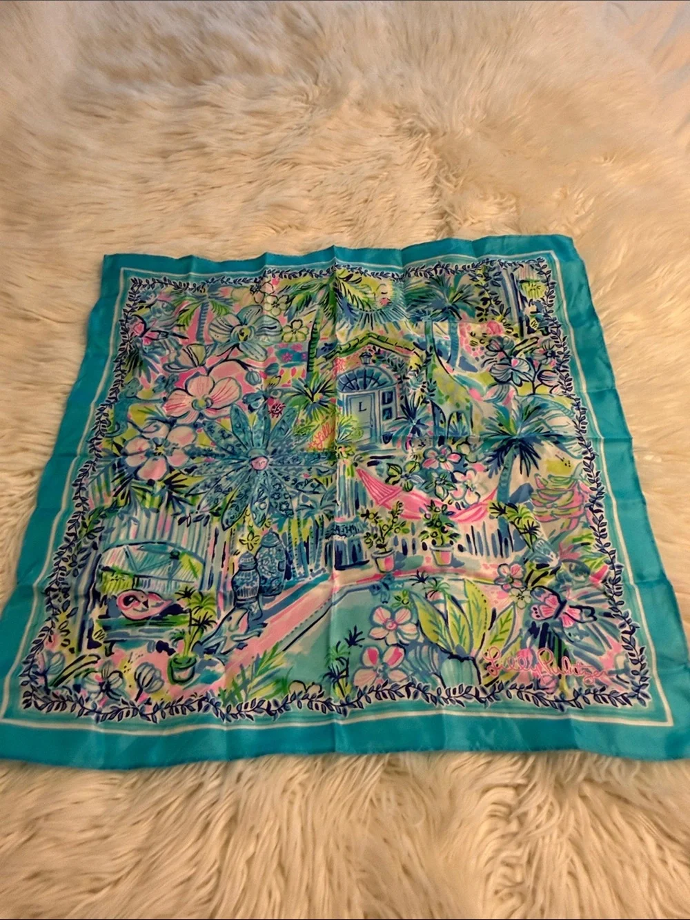 Lilly Pulitzer Tropical Floral Silk-Feel Scarf in Turquoise and Pink 100% silk